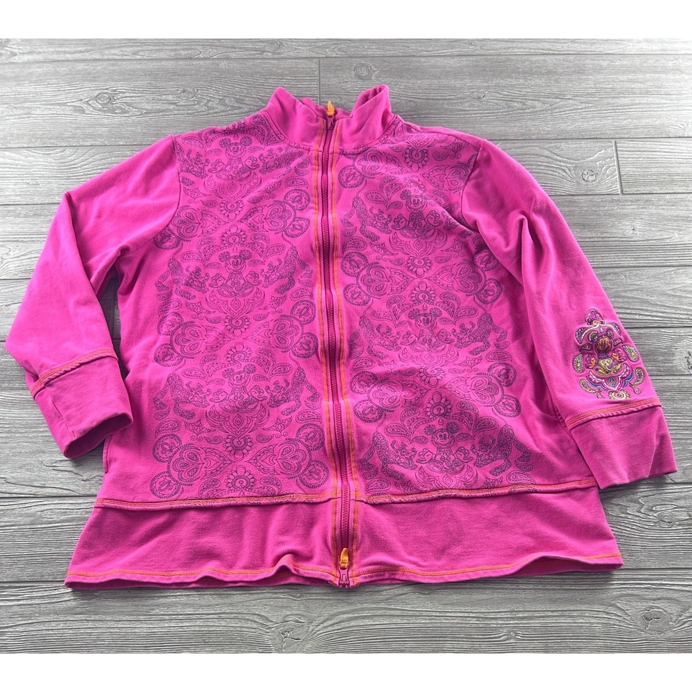 Disney Parks Mickey Mouse Paisley Zip Up Jacket Pink XXL Embroidered Tiered Hem